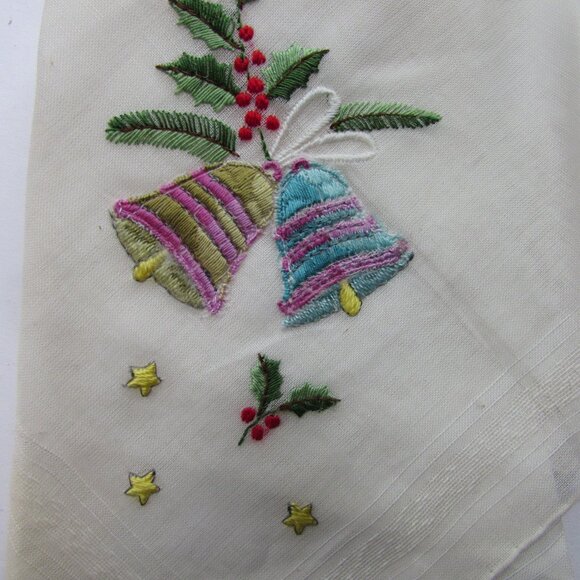 Christmas Holiday Handkerchief Embroidered Bells Made in Switzerland - Picture 2 of 6